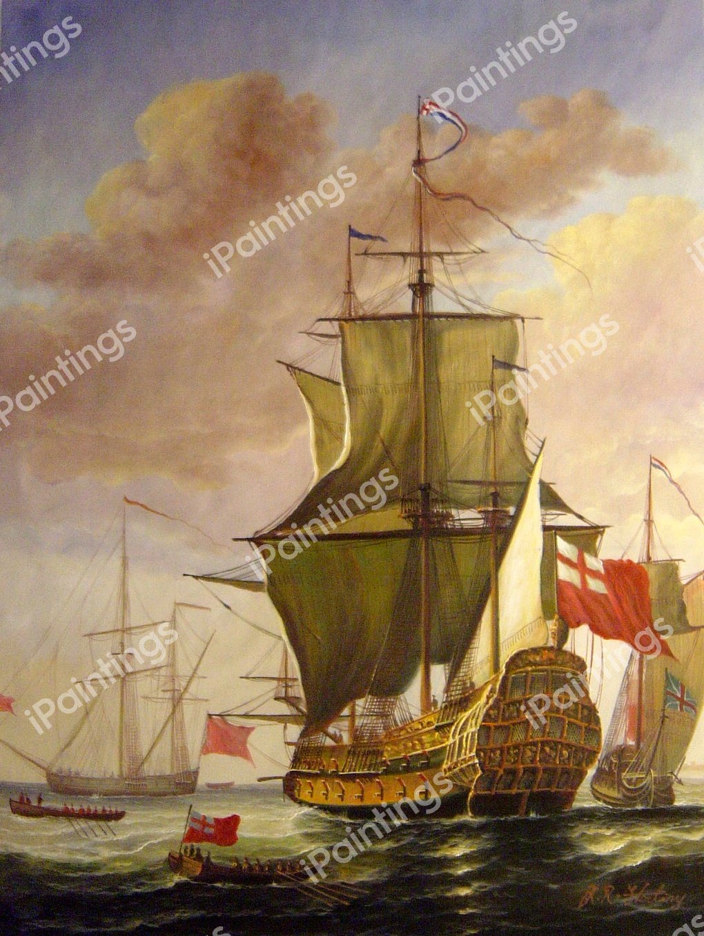 Galleon In Full Sail. The painting by Jan Karel Donatus Van Beecq