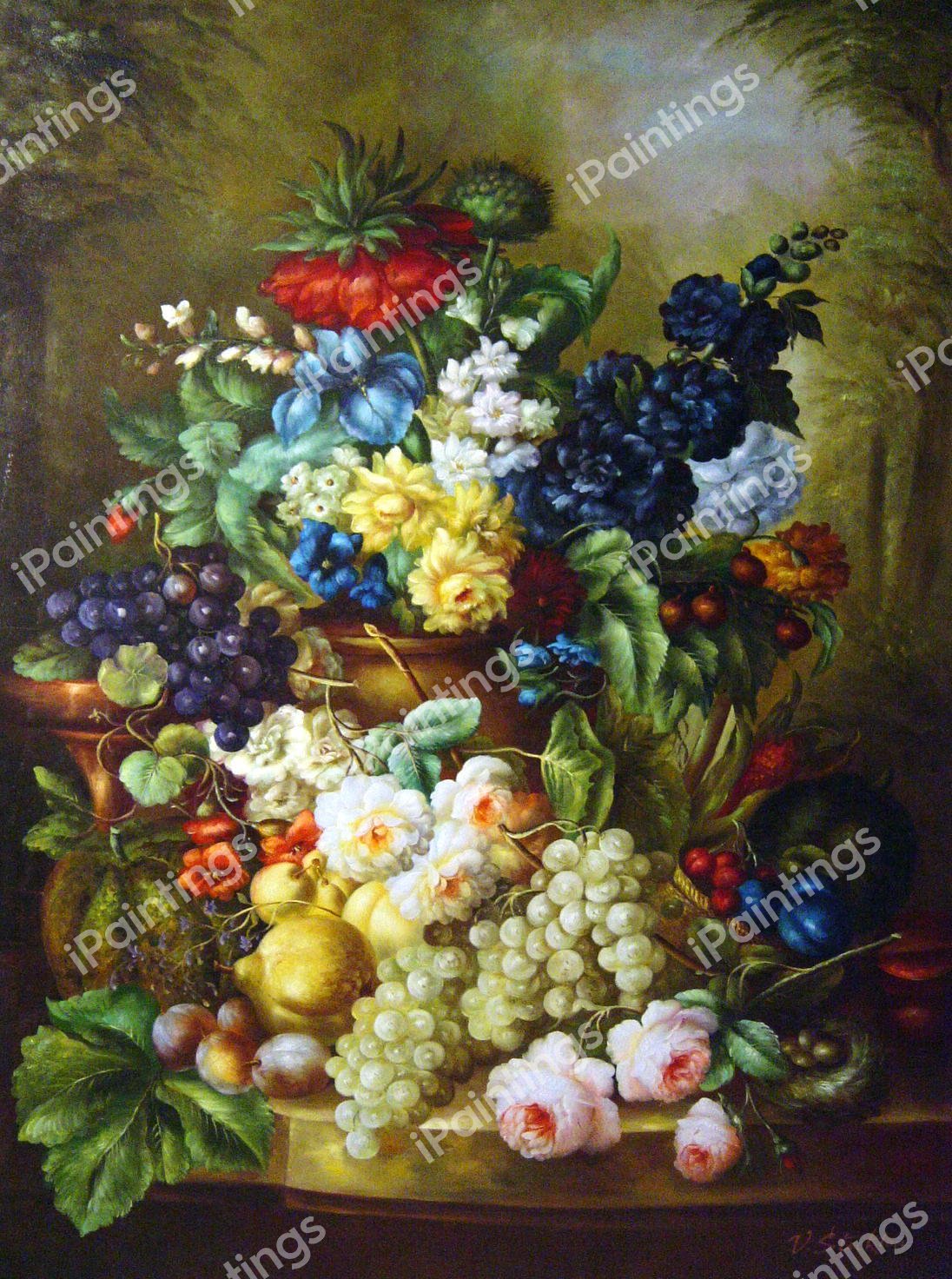 A Still Life Of Flowers, Fruit & Bird's Nest On A Marble Ledge. The painting by Jan Van Os