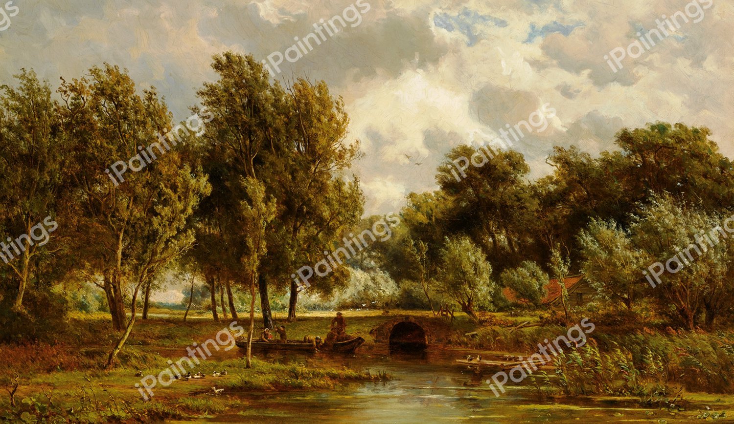 Figures on a Boat in a Summer Landscape. The painting by Jan Willem van Borselen