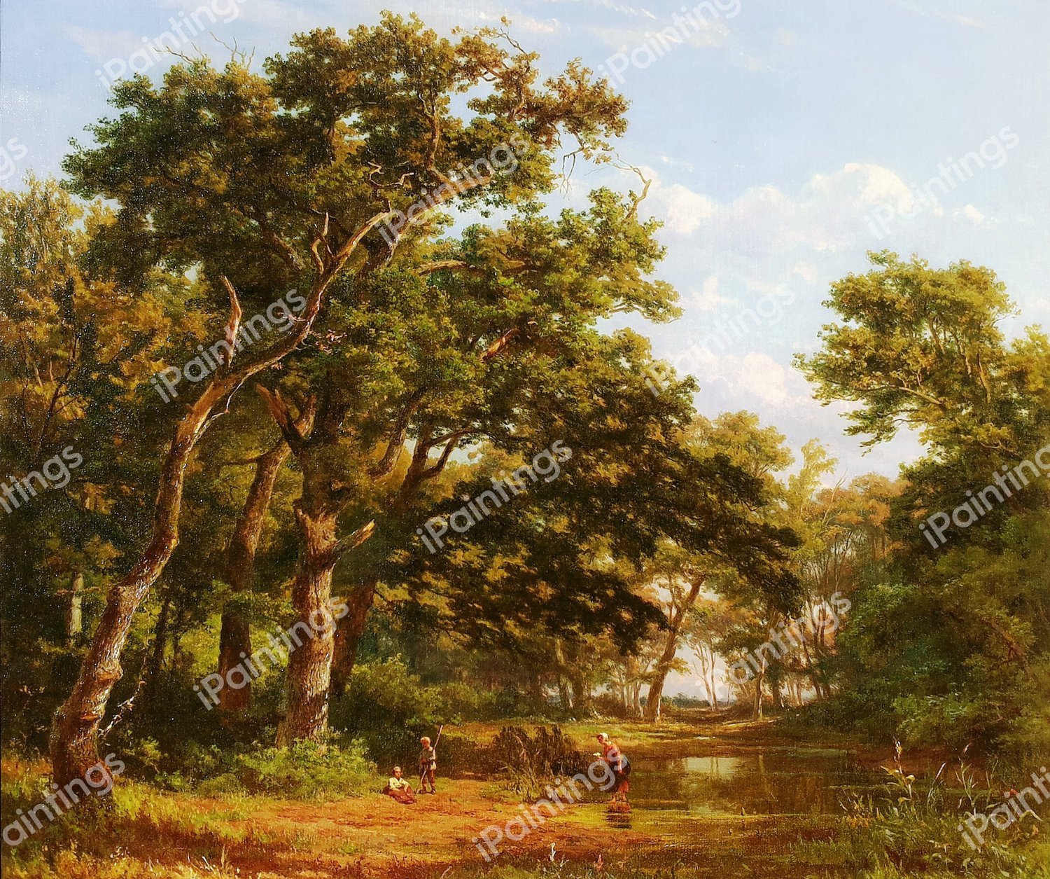 Wooded Landscape with Mother and Children in a Brook. The painting by Jan Willem van Borselen