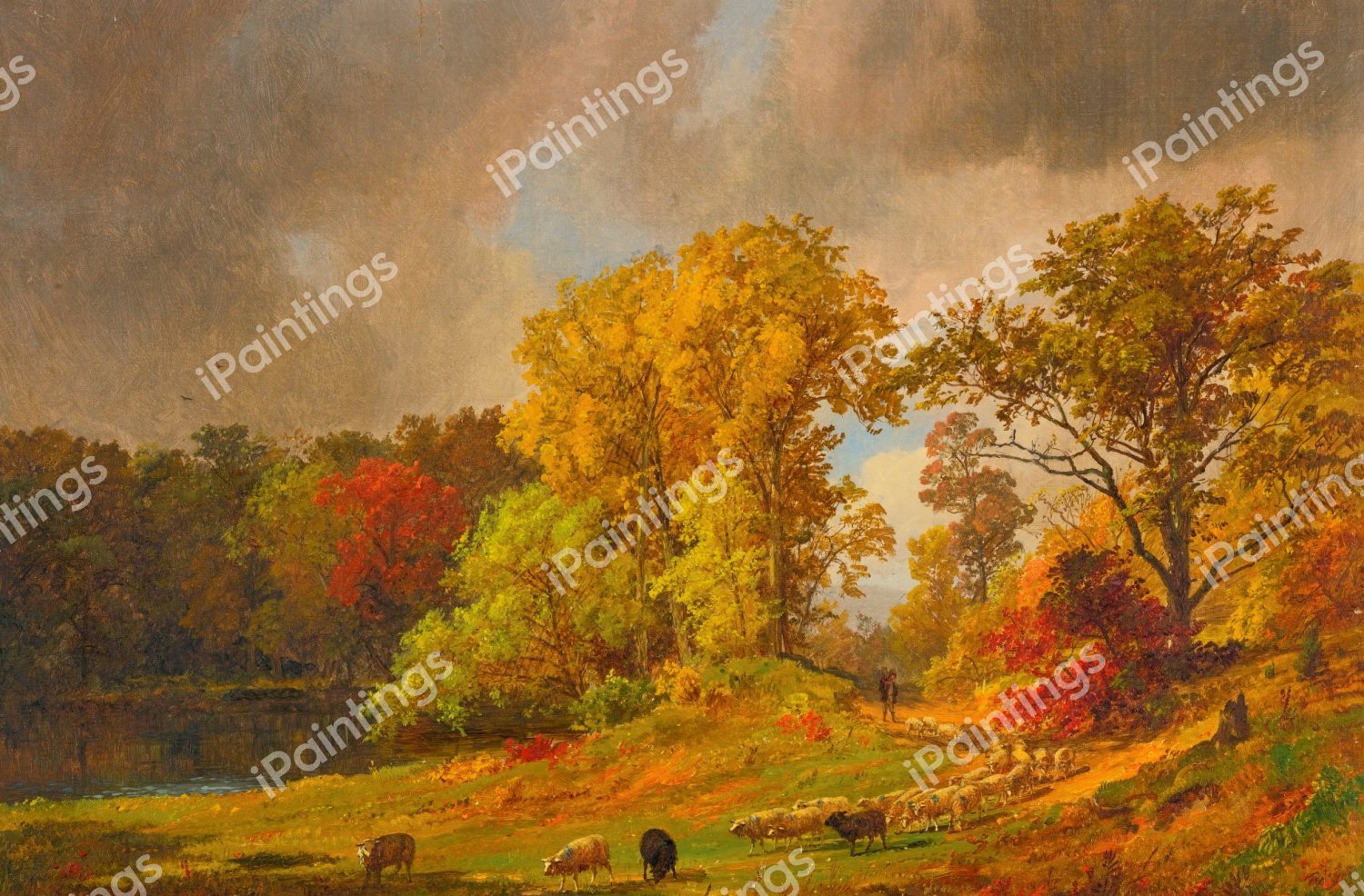 A Shepherd and his Flock. The painting by Jasper Francis Cropsey