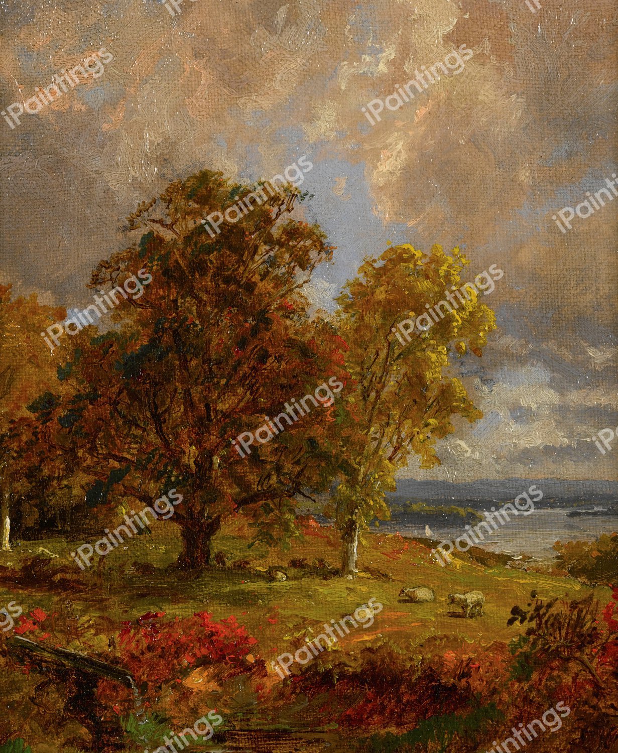 Landscape with Trees and Sheep near a Copse. The painting by Jasper Francis Cropsey