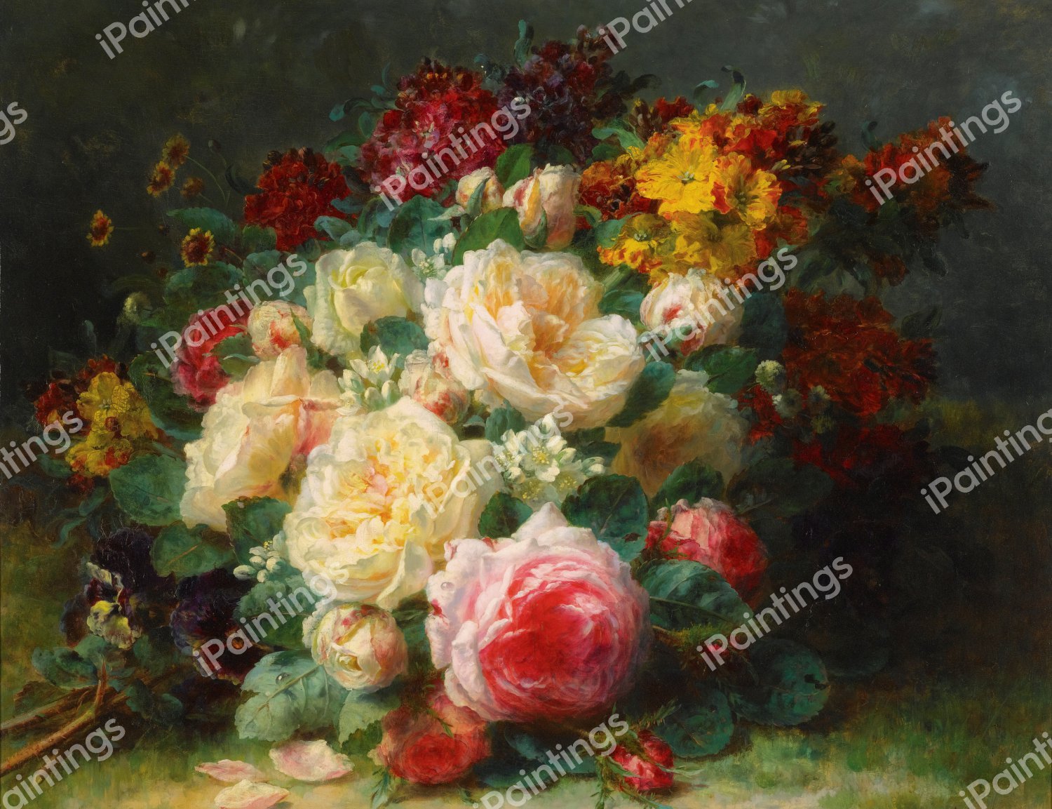 A Bouquet of Cabbage Roses. The painting by Jean Baptiste Robie