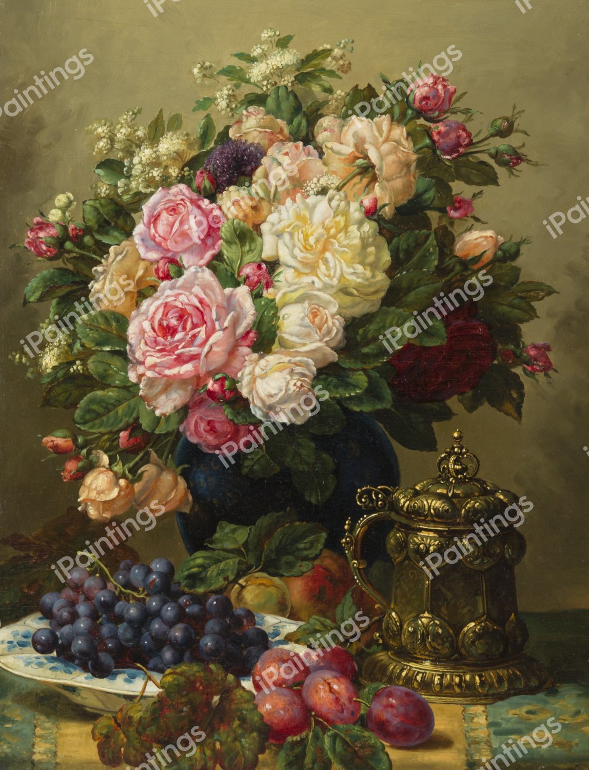 A Still Life with Roses, Grapes and Plums. The painting by Jean Baptiste Robie