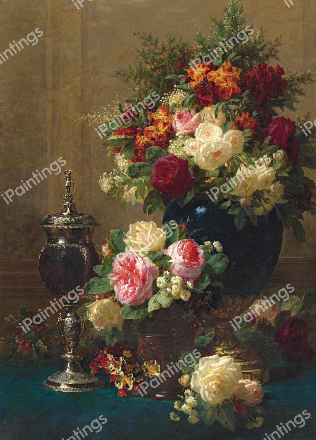 Still Life of Flowers with a Coconut Chalice on a Table. The painting by Jean Baptiste Robie