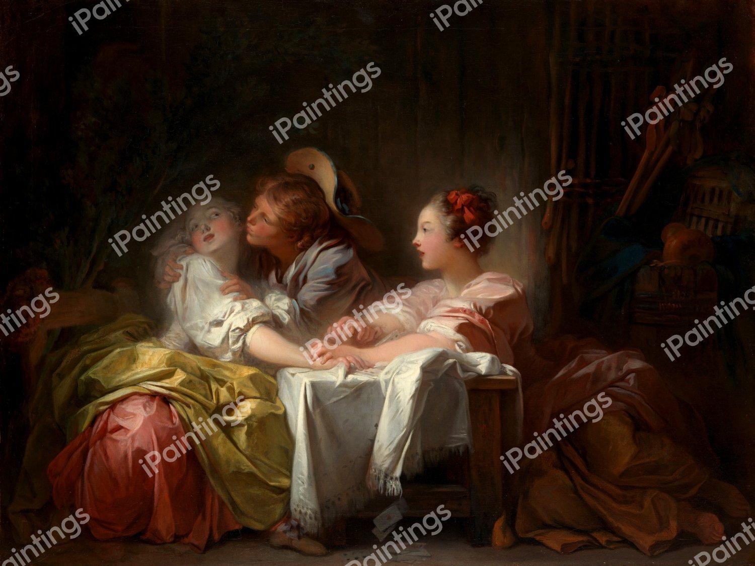 A Stolen Kiss. The painting by Jean-Honore Fragonard