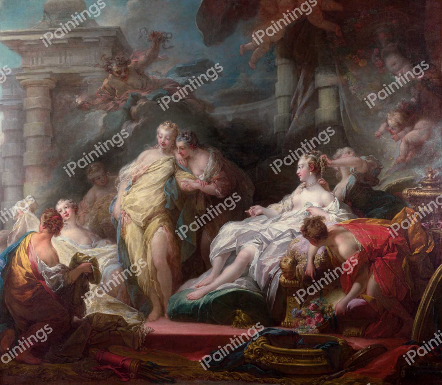 Psyche Showing Her Sisters Her Gifts from Cupid. The painting by Jean-Honore Fragonard