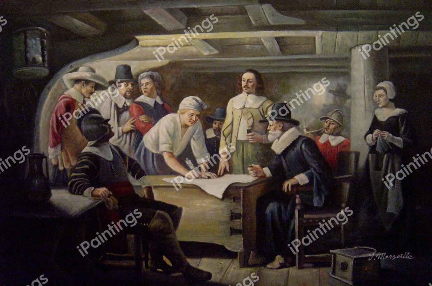Print of Historic Painting Signing the Mayflower Compact by Jean Leon Ferris 