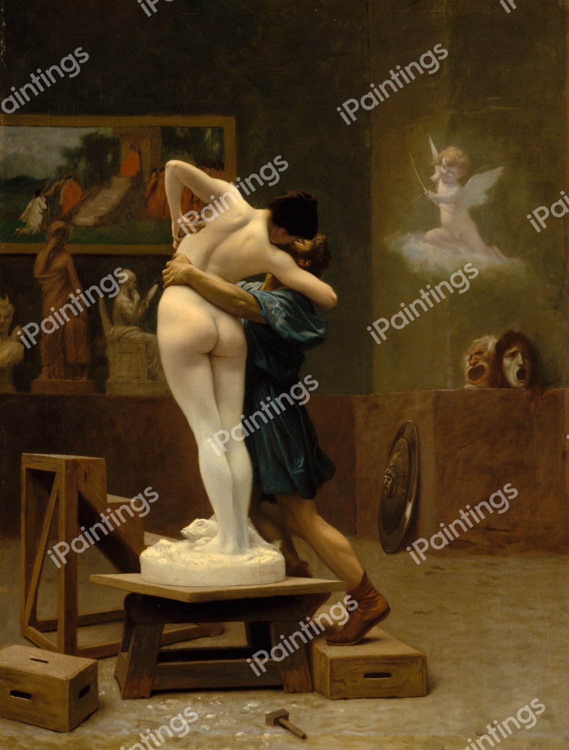 Ivory Statue of Galatea being Kissed by Pygmalion. The painting by Jean-Leon Gerome