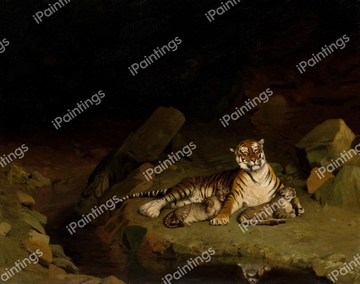 Tiger and Cubs. The painting by Jean-Leon Gerome