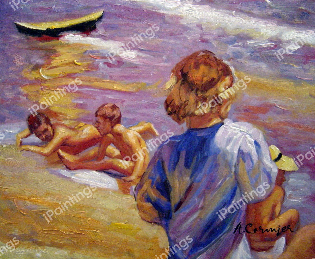 Oil painting Spanish Children playing on the Seashore free shipping cost canvas 
