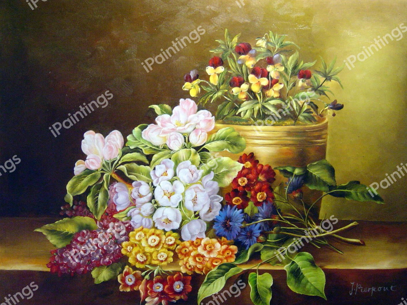 Apple Blossoms, Lilac, Violas, Cornflowers and Primroses. The painting by Johan Laurentz Jensen