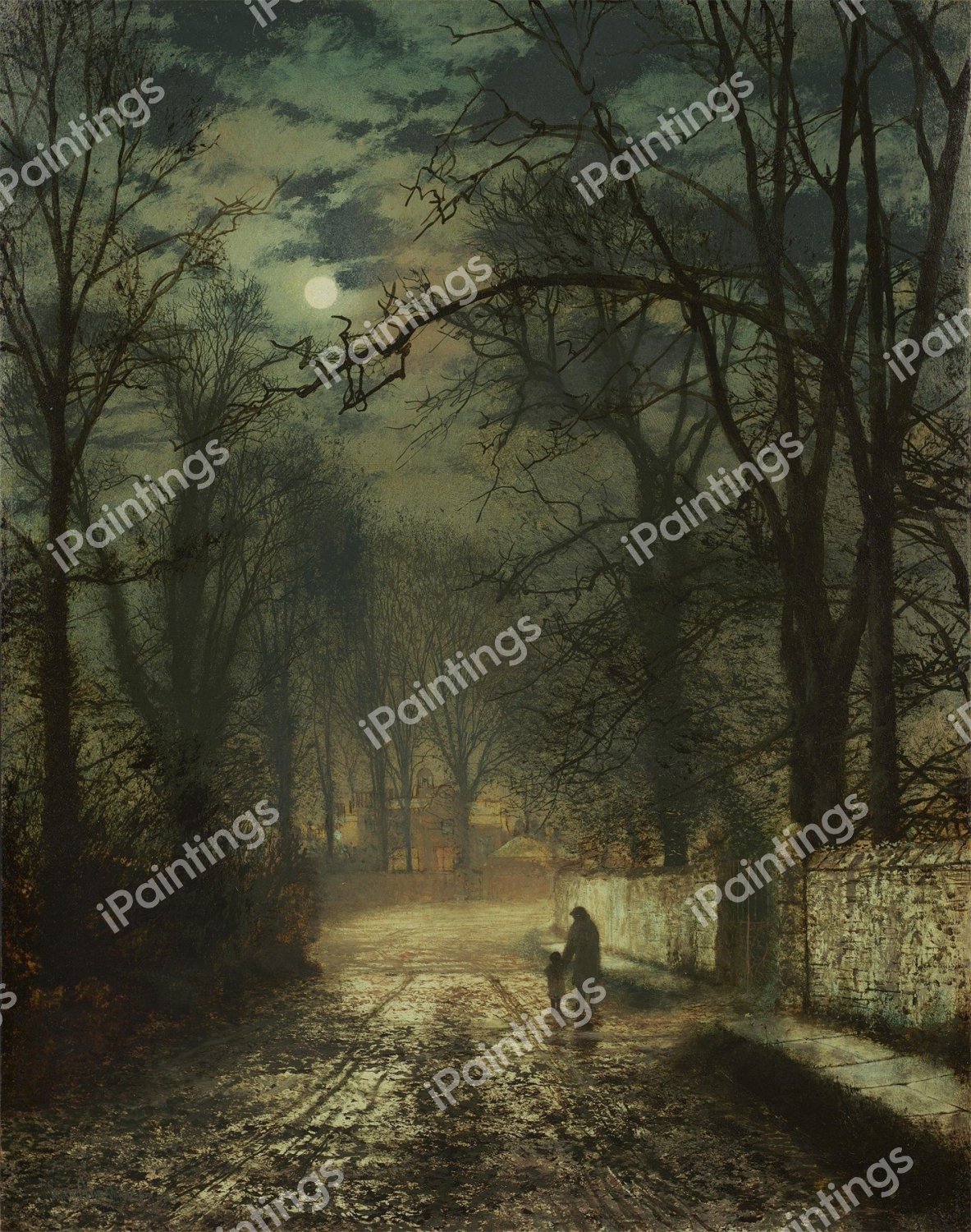A Moonlit Lane. The painting by John Atkinson Grimshaw