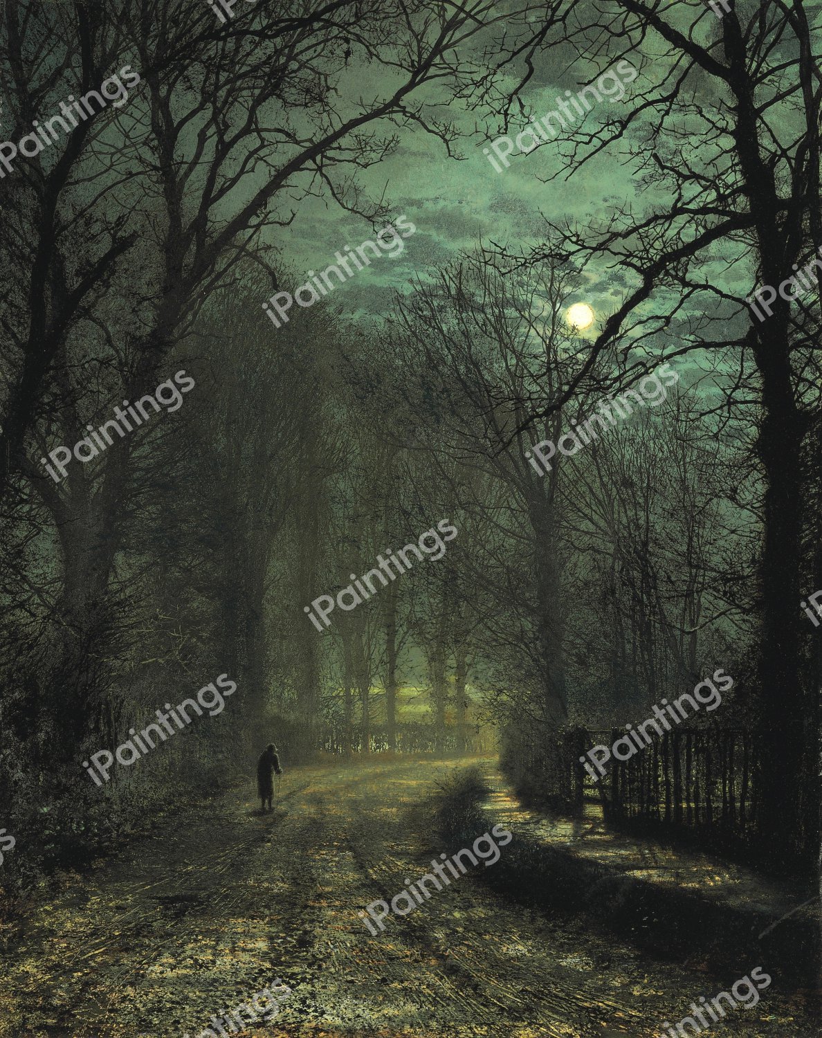 A Yorkshire Lane in November. The painting by John Atkinson Grimshaw