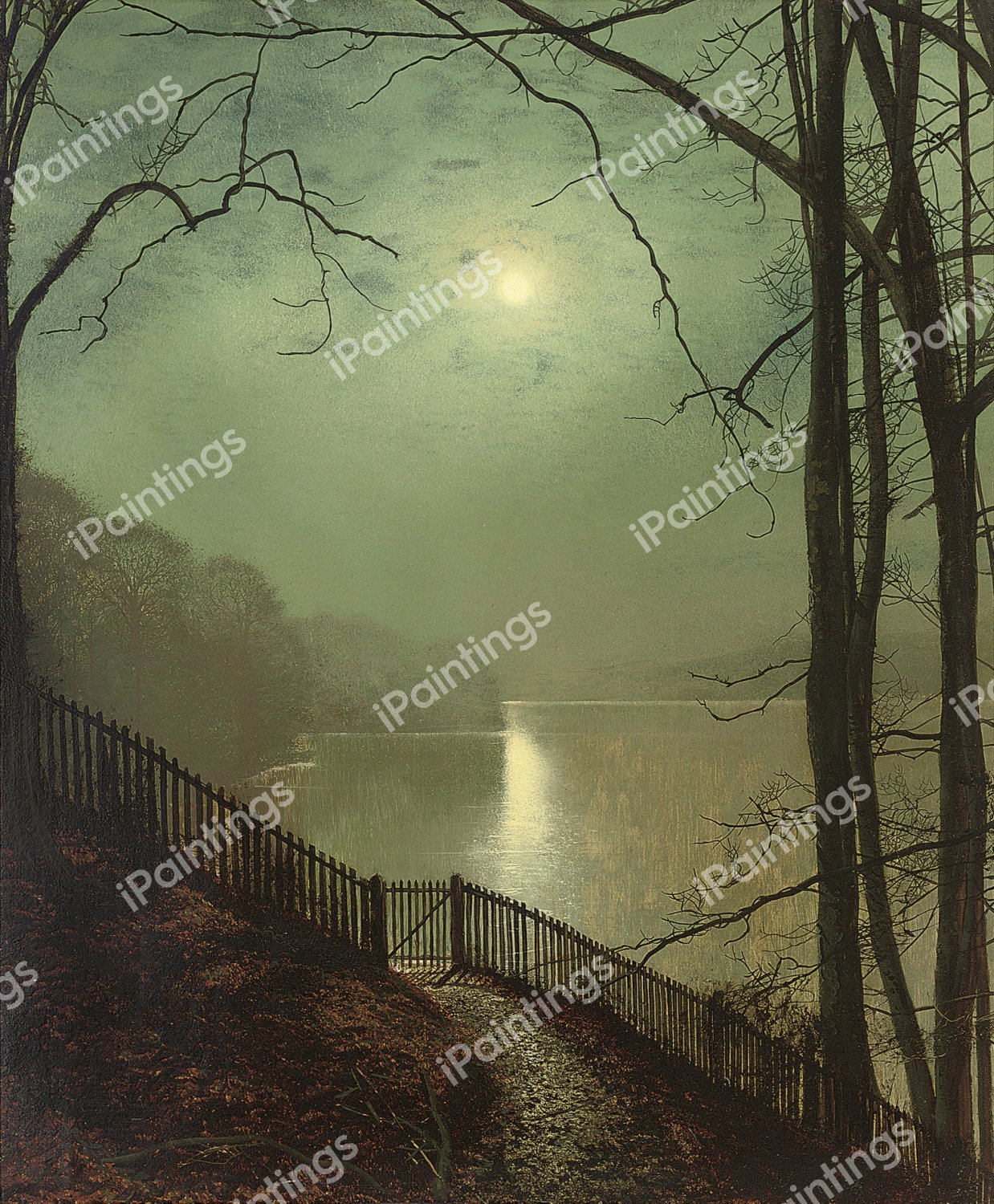 Along the Moonlit Lake, Roundhay Park, Leeds. The painting by John Atkinson Grimshaw