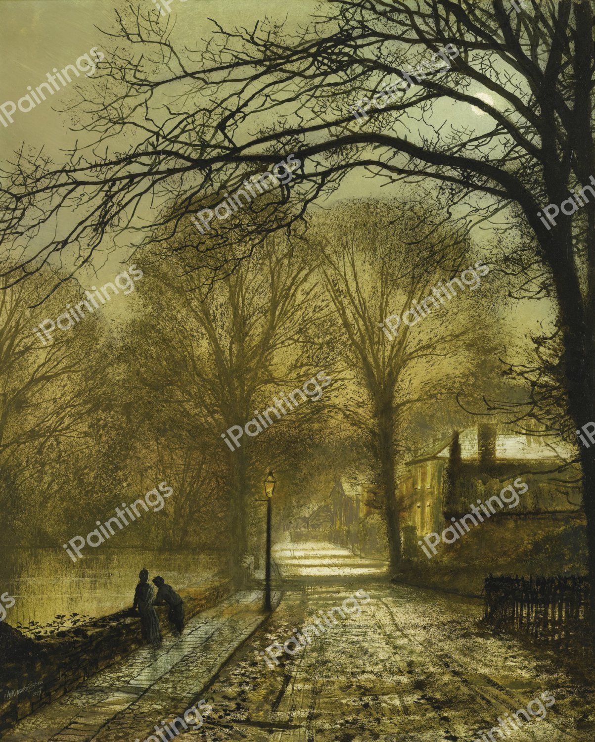Couple on Moonlit Country Road. The painting by John Atkinson Grimshaw