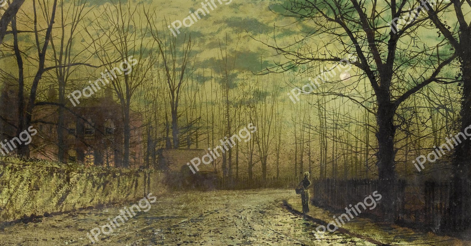 Figure on a Moonlit Lane. The painting by John Atkinson Grimshaw