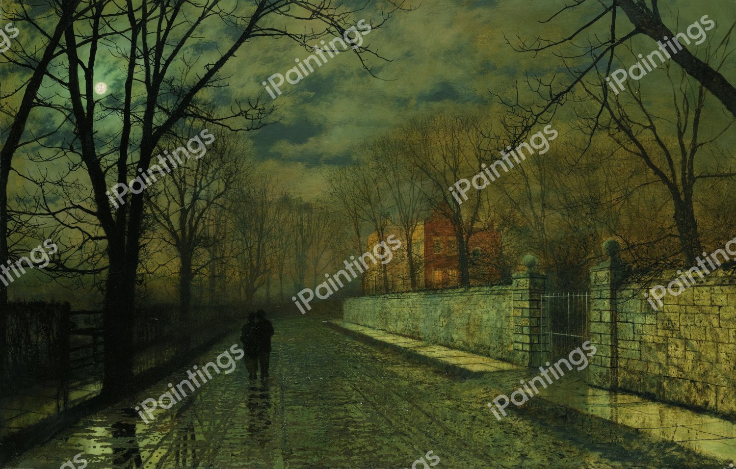 Figures in a Moonlit Lane after Rain. The painting by John Atkinson Grimshaw