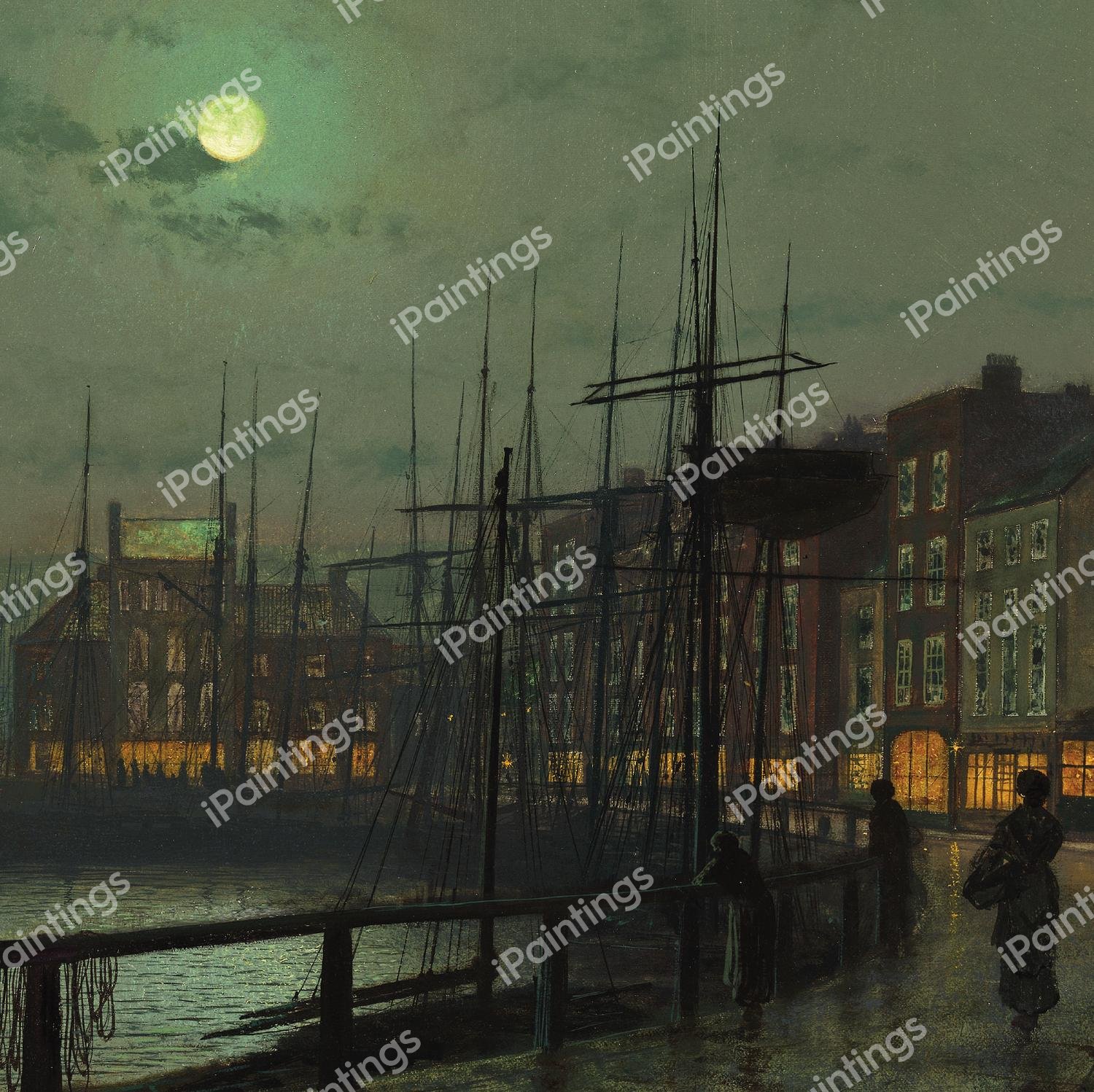 Moonlit Harbour. The painting by John Atkinson Grimshaw