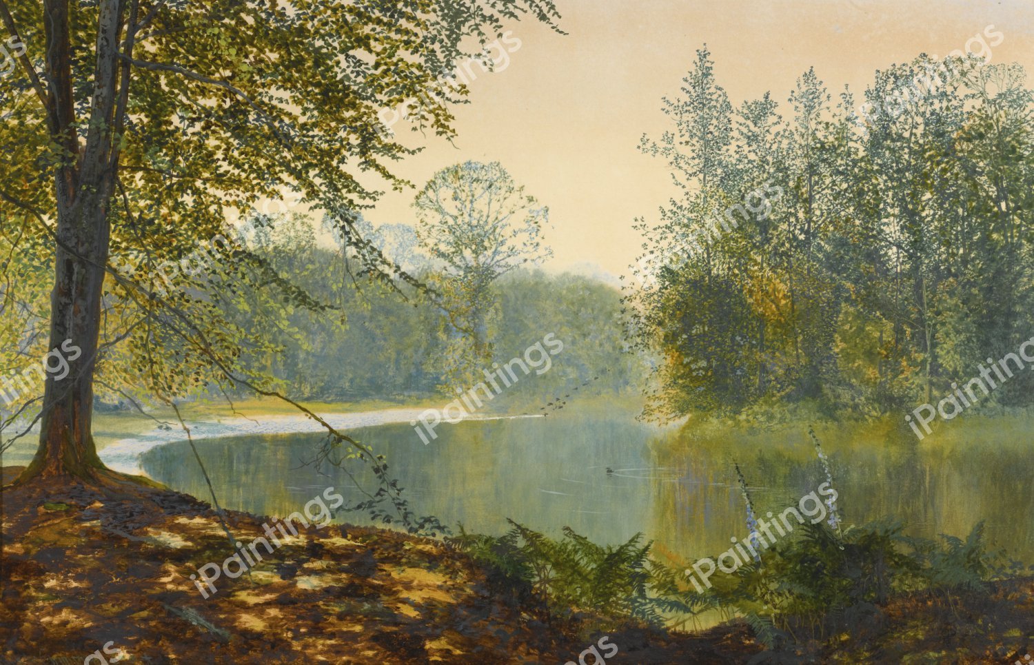 Quiet of the Lake, Roundhay Park. The painting by John Atkinson Grimshaw