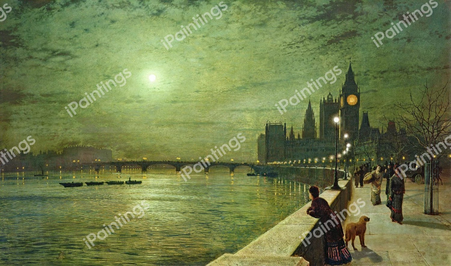 Reflections on the Thames, Westminster. The painting by John Atkinson Grimshaw