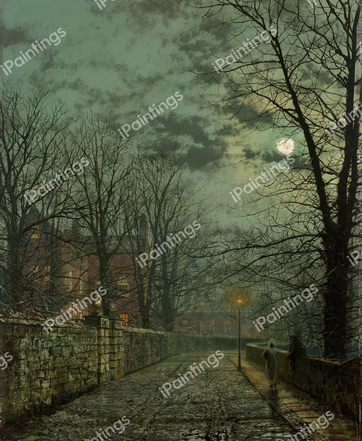 Street after Rain in Moonlight. The painting by John Atkinson Grimshaw