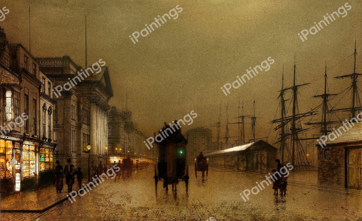 The Dockside Liverpool at Night. The painting by John Atkinson Grimshaw