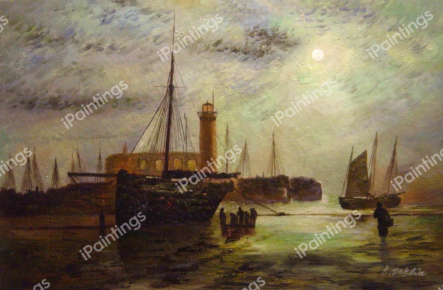 The Lighthouse At Scarborough. The painting by John Atkinson Grimshaw