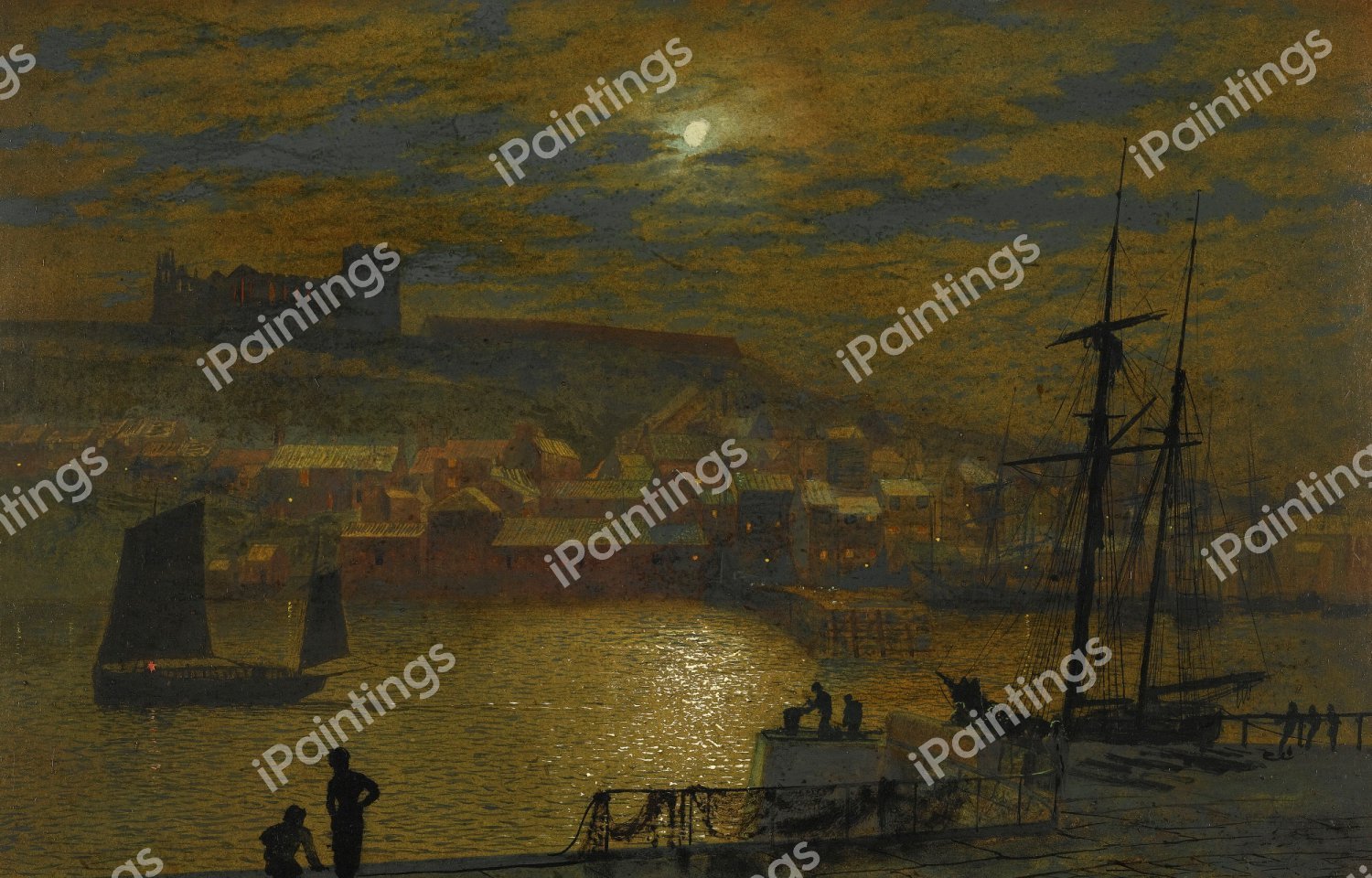 Whitby from Scotch Head, Moonlight on the Esk. The painting by John Atkinson Grimshaw