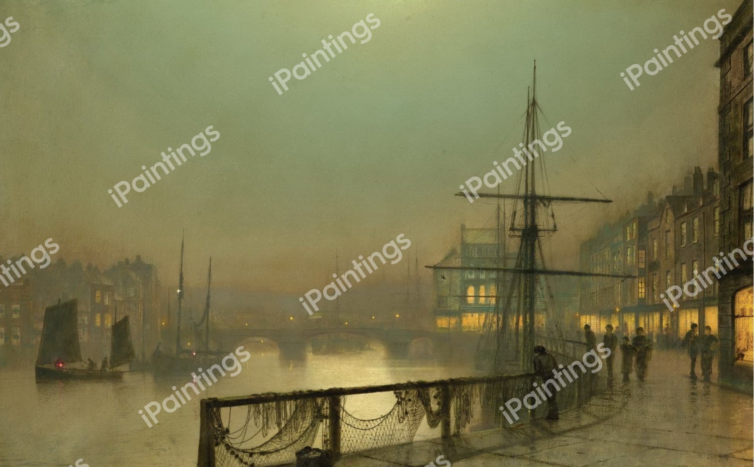 Whitby Harbour by Moonlight. The painting by John Atkinson Grimshaw