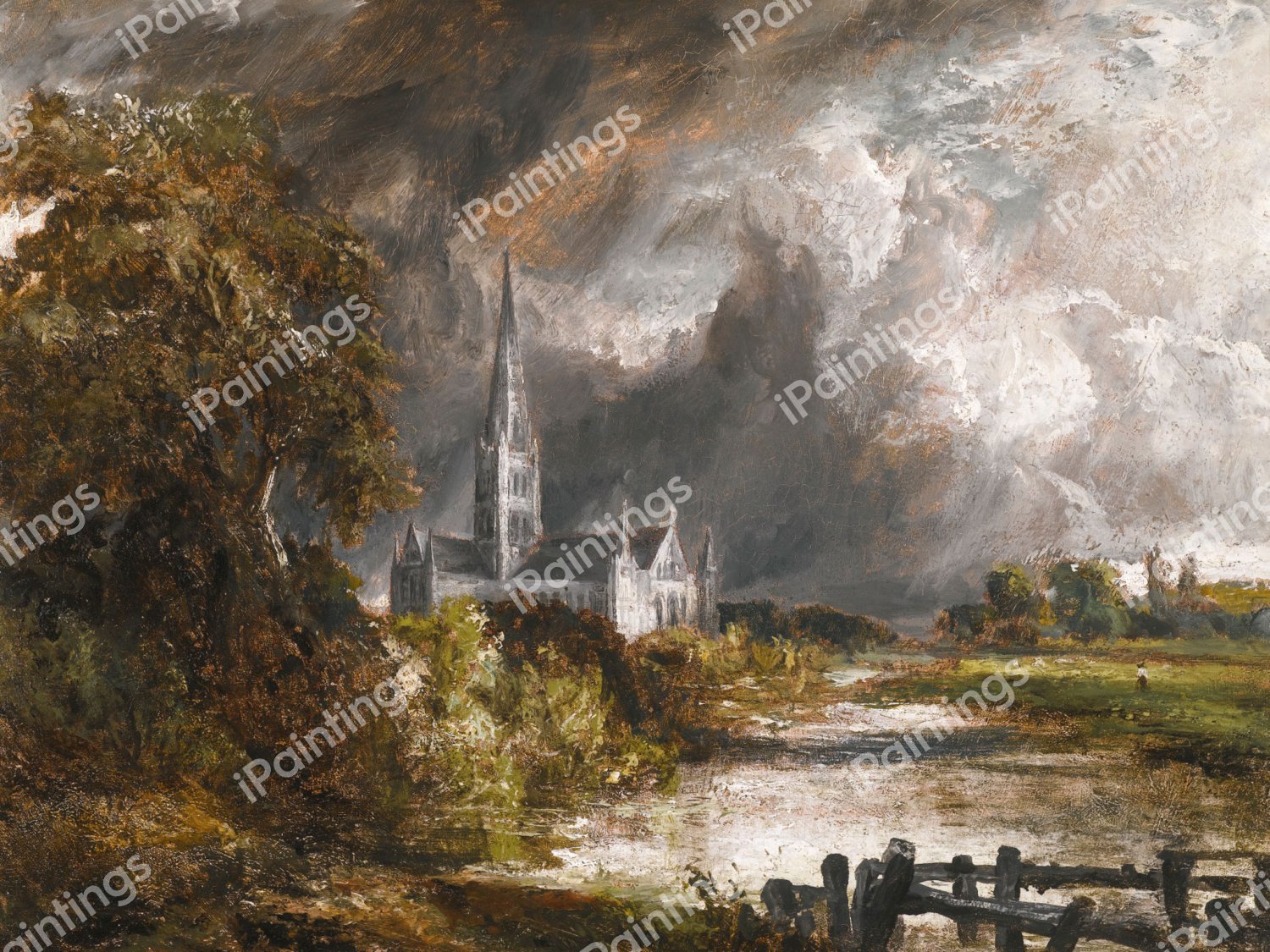 Salisbury Cathedral from the Meadows. The painting by John Constable