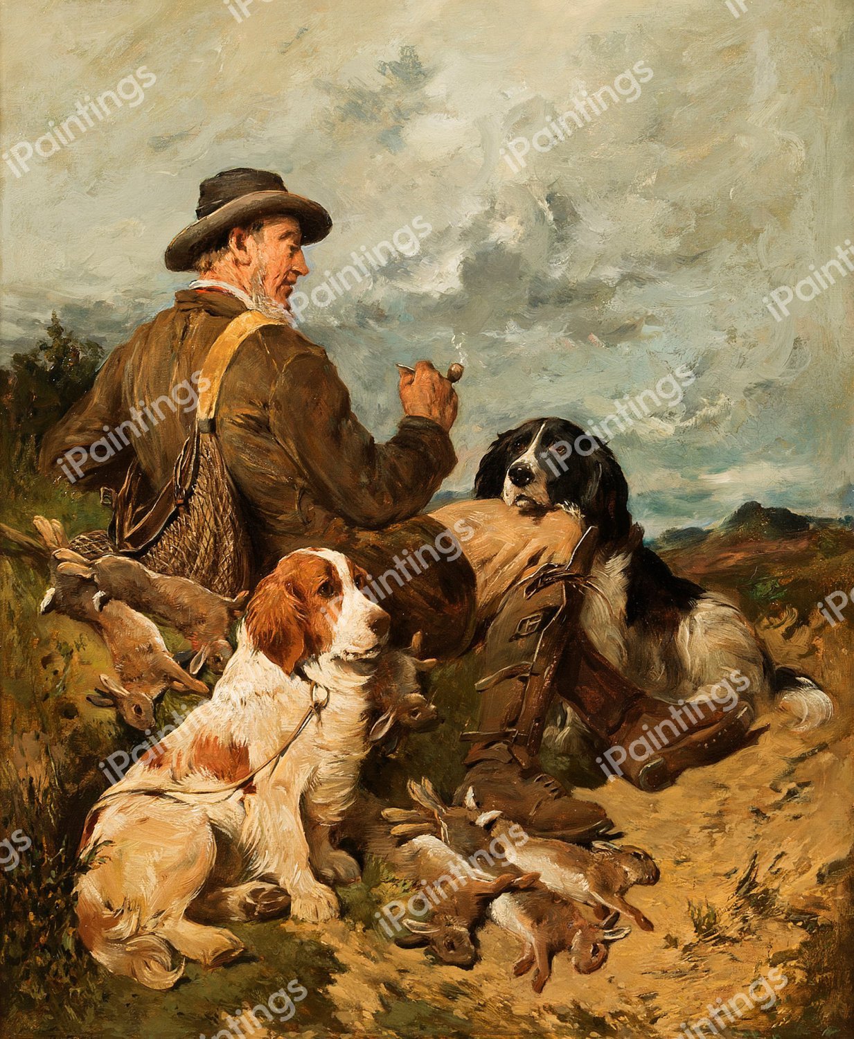 A Sportsman with his Spaniels. The painting by John Emms