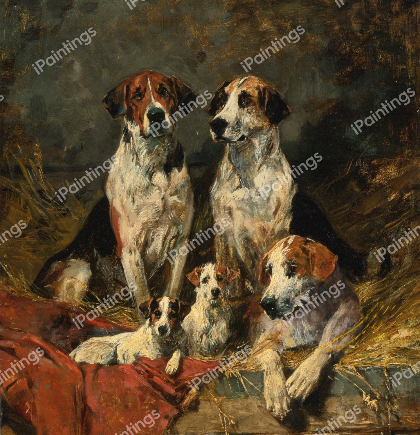 Four Foxhounds and a Terrier. The painting by John Emms