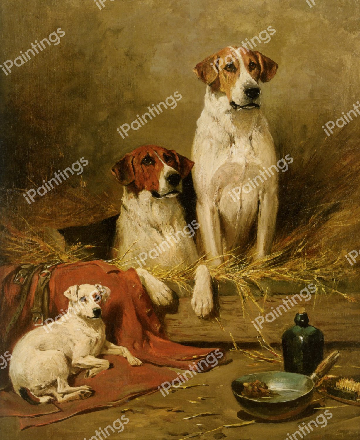 Foxhounds and a Terrier. The painting by John Emms
