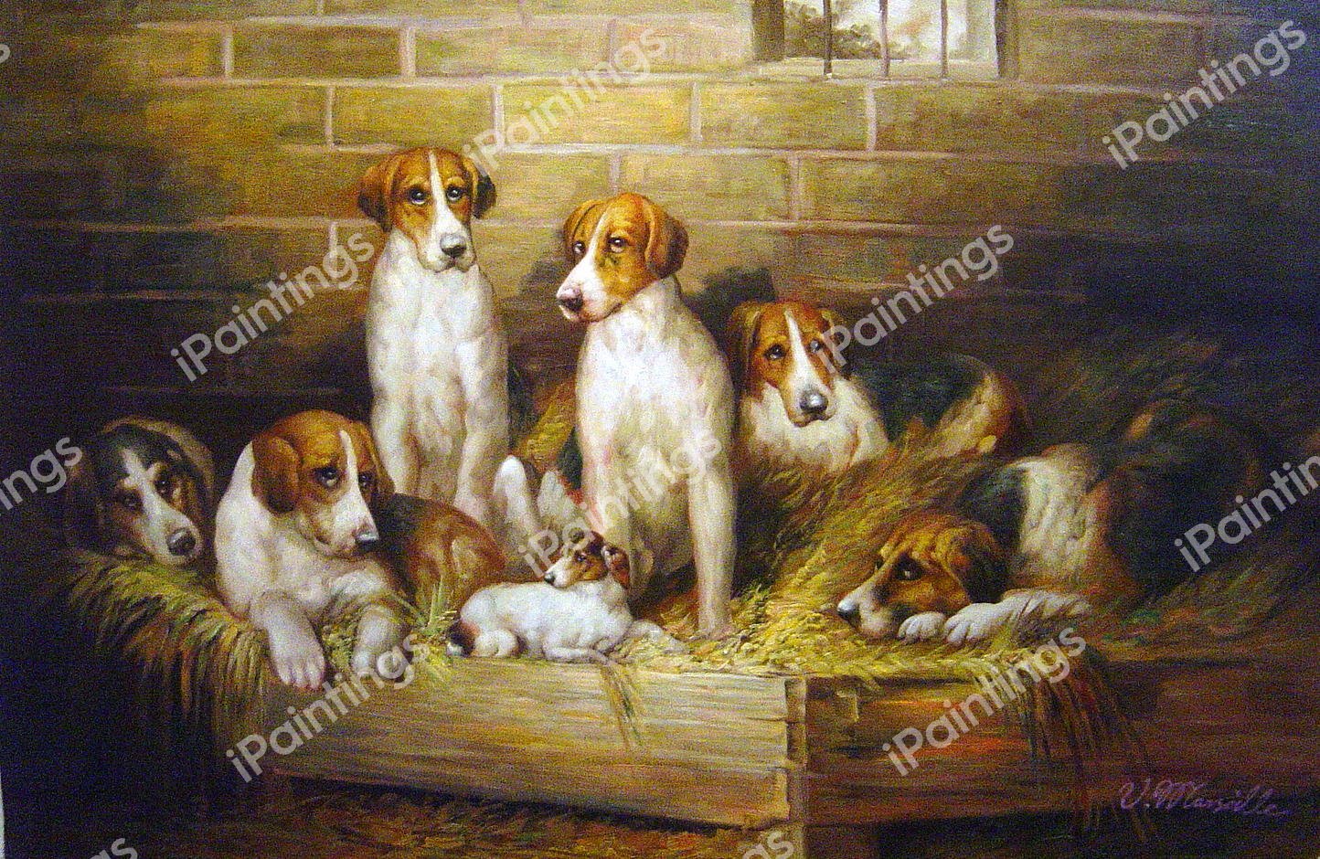Foxhounds And Terriers In A Kennel. The painting by John Emms