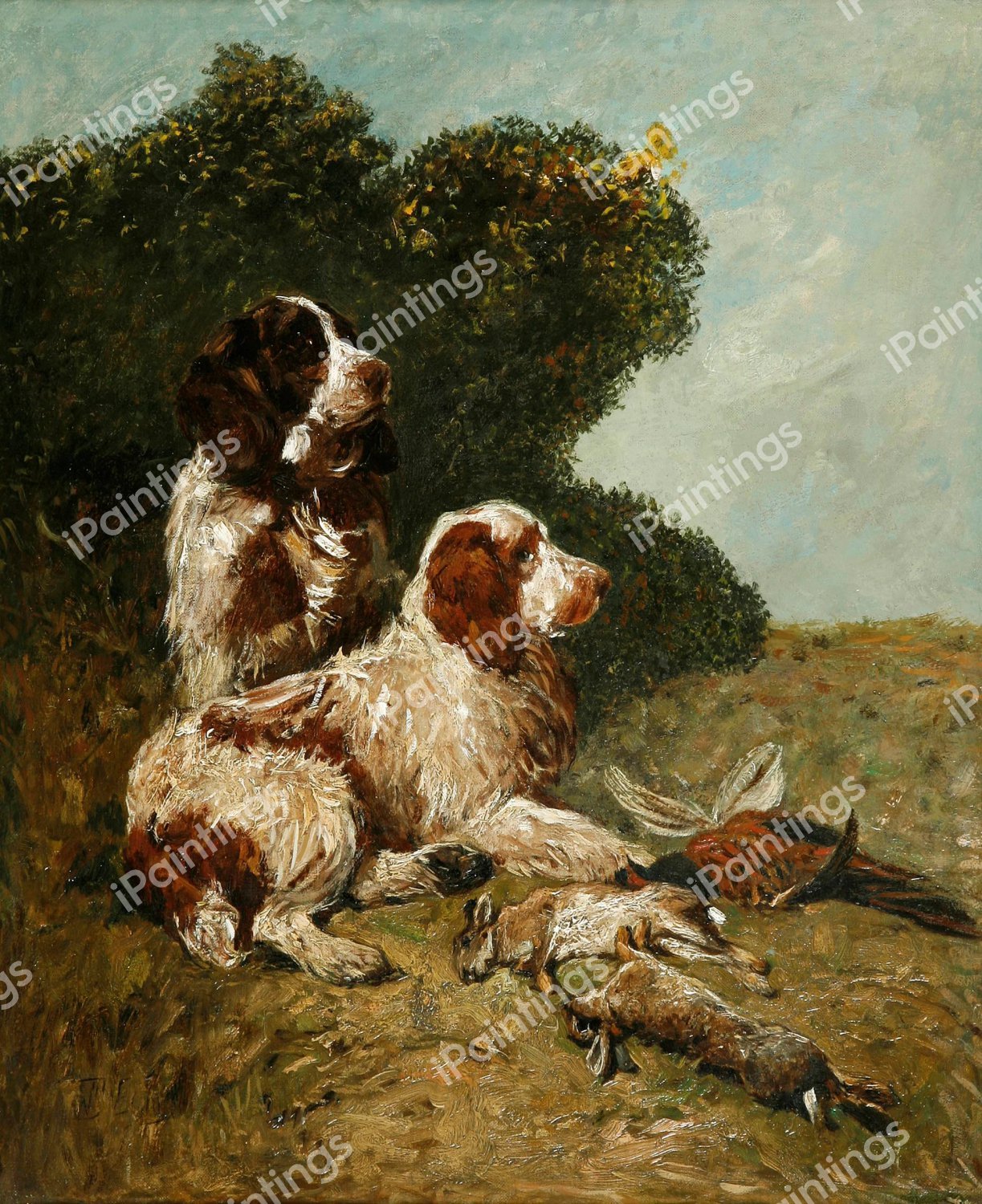 Gun Dogs Protecting the Day’s Bag. The painting by John Emms