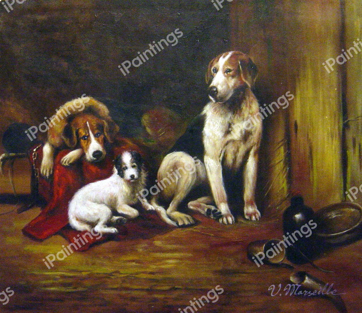 Hounds And A Jack Russell In A Stable. The painting by John Emms