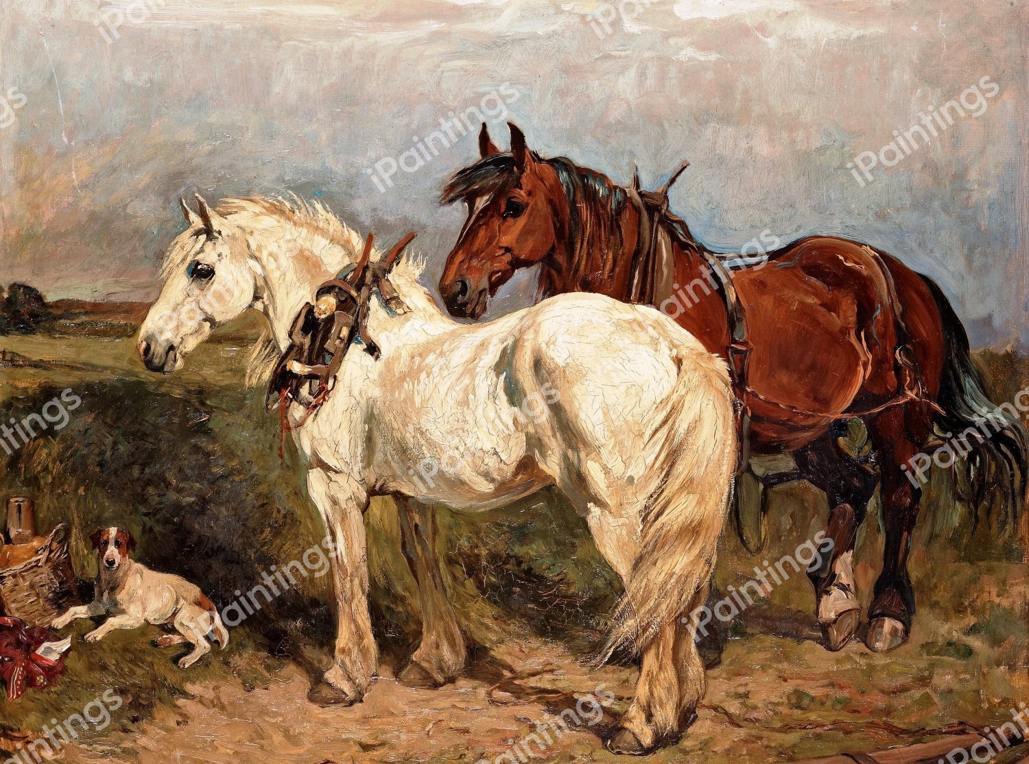 Two Work Horses and a Resting Dog. The painting by John Emms