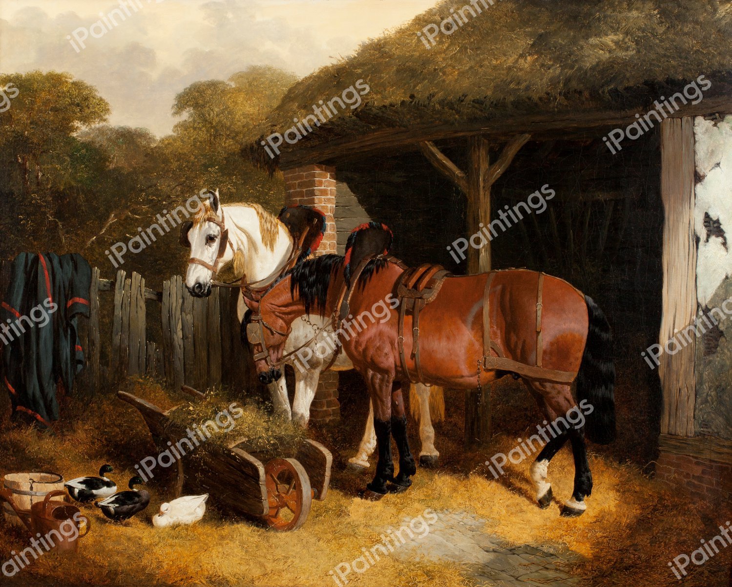 Two Harnessed Cart Horses. The painting by John Frederick Sr. Herring