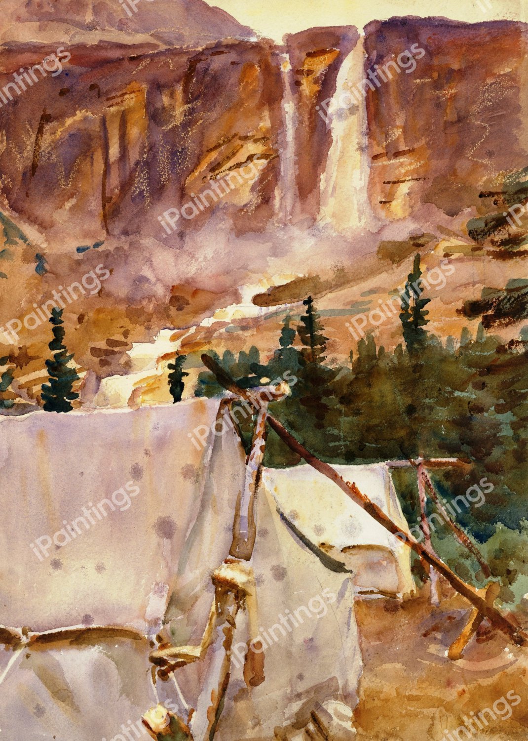 Camp and Waterfall. The painting by John Singer Sargent
