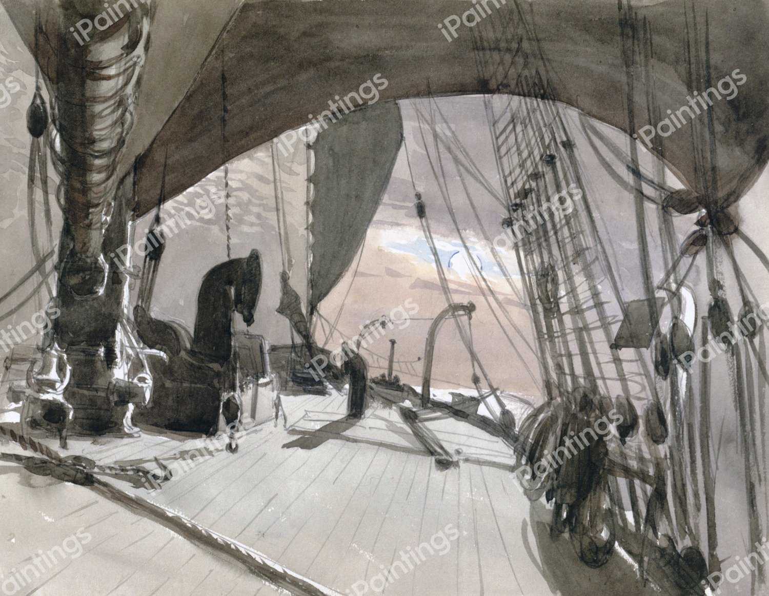 Deck of Ship in Moonlight. The painting by John Singer Sargent