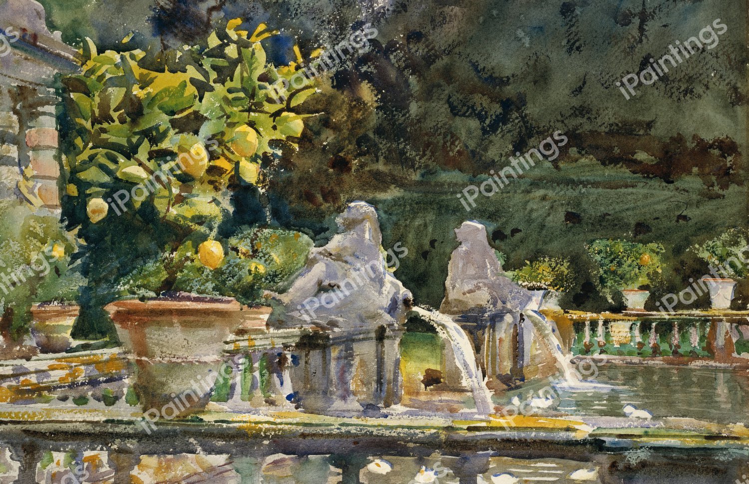 Villa di Marlia, Lucca - A Fountain. The painting by John Singer Sargent