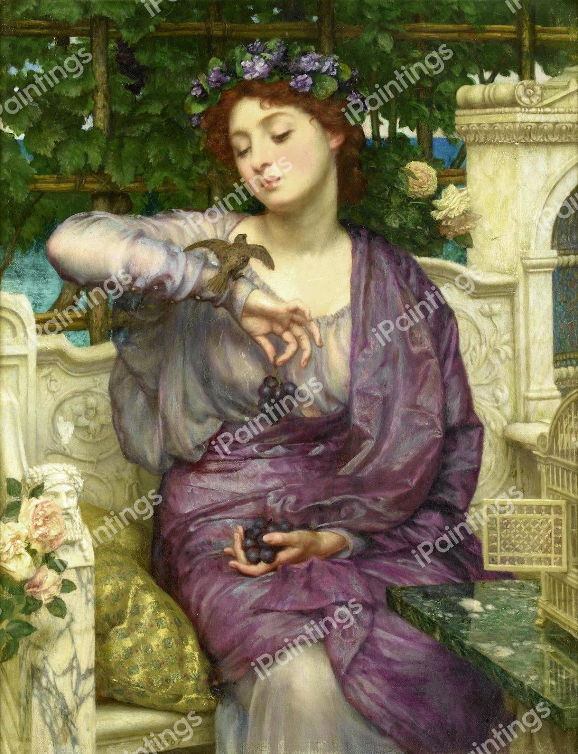Lesbia and her Sparrow. The painting by John William Godward