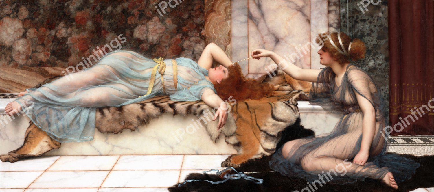 Mischief and Repose. The painting by John William Godward