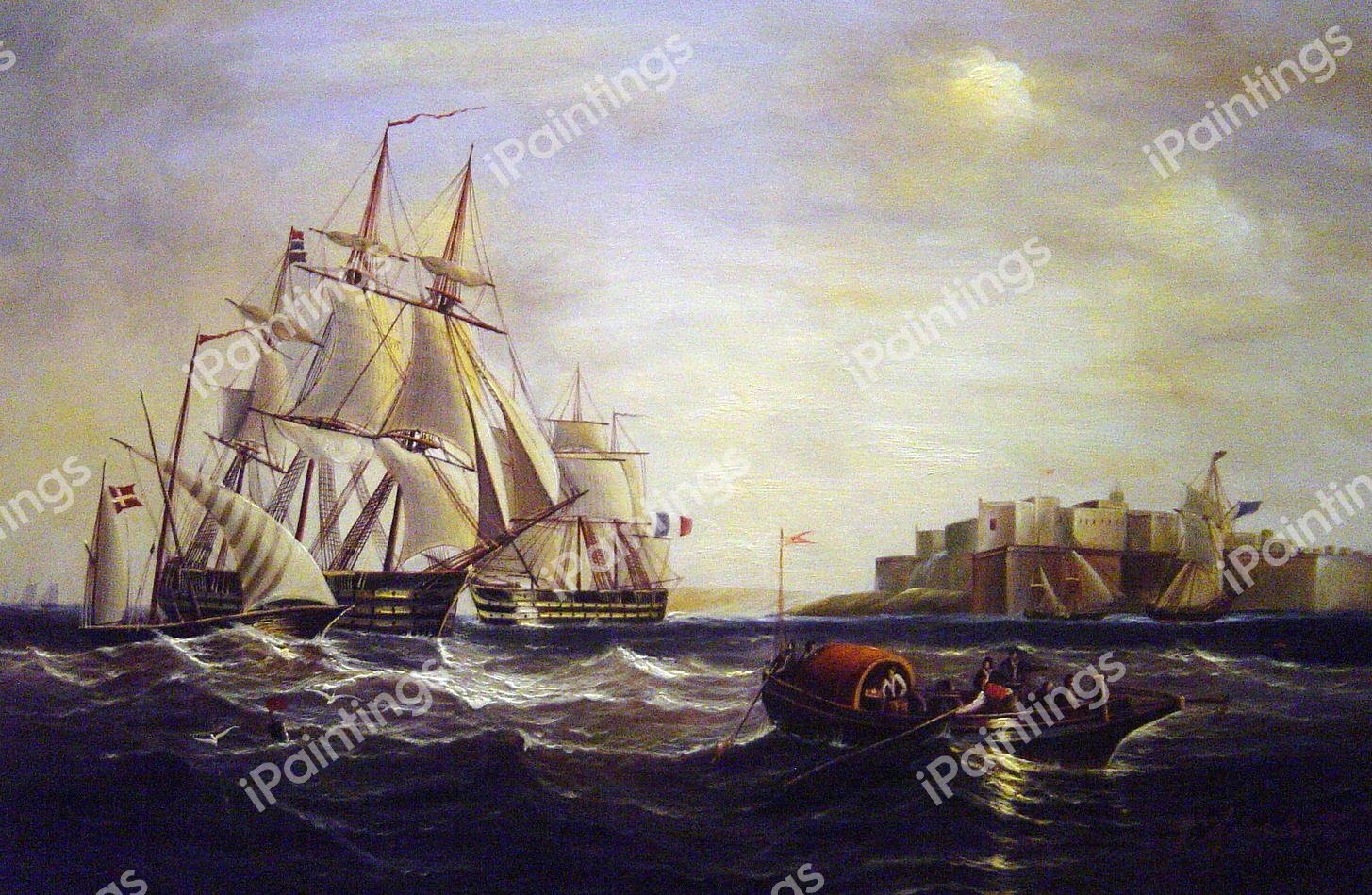 Malta, With French Ship 'Charlemagne' And English Ship. The painting by John Wilson Carmichael