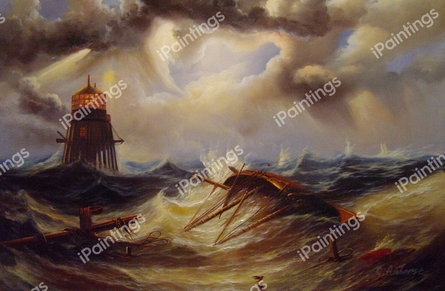 The Irwin Lighthouse, Storm Raging. The painting by John Wilson Carmichael