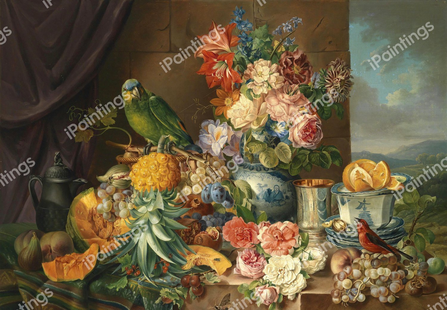 A Still Life with Fruits, Flowers and Parrot. The painting by Josef Schuster