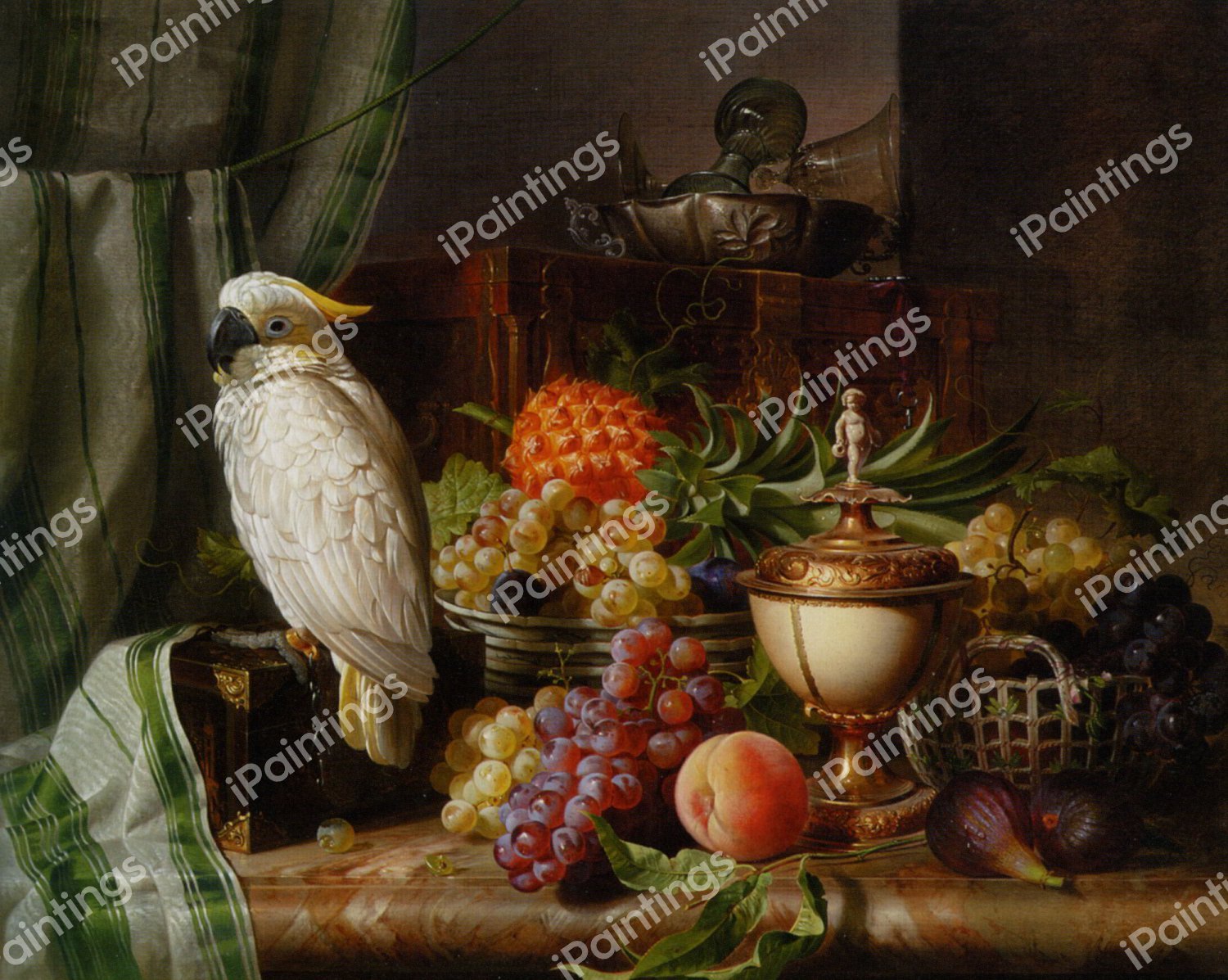 Cockatoo, Grapes, Figs, Plums, a Pineapple, and a Peach. The painting by Josef Schuster