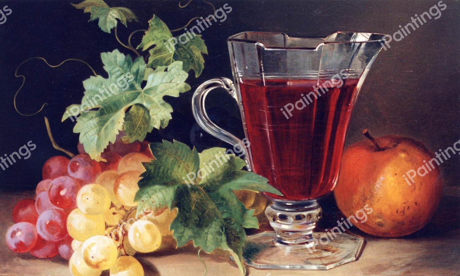 Grapes and a Jug of Wine on a Ledge. The painting by Josef Schuster