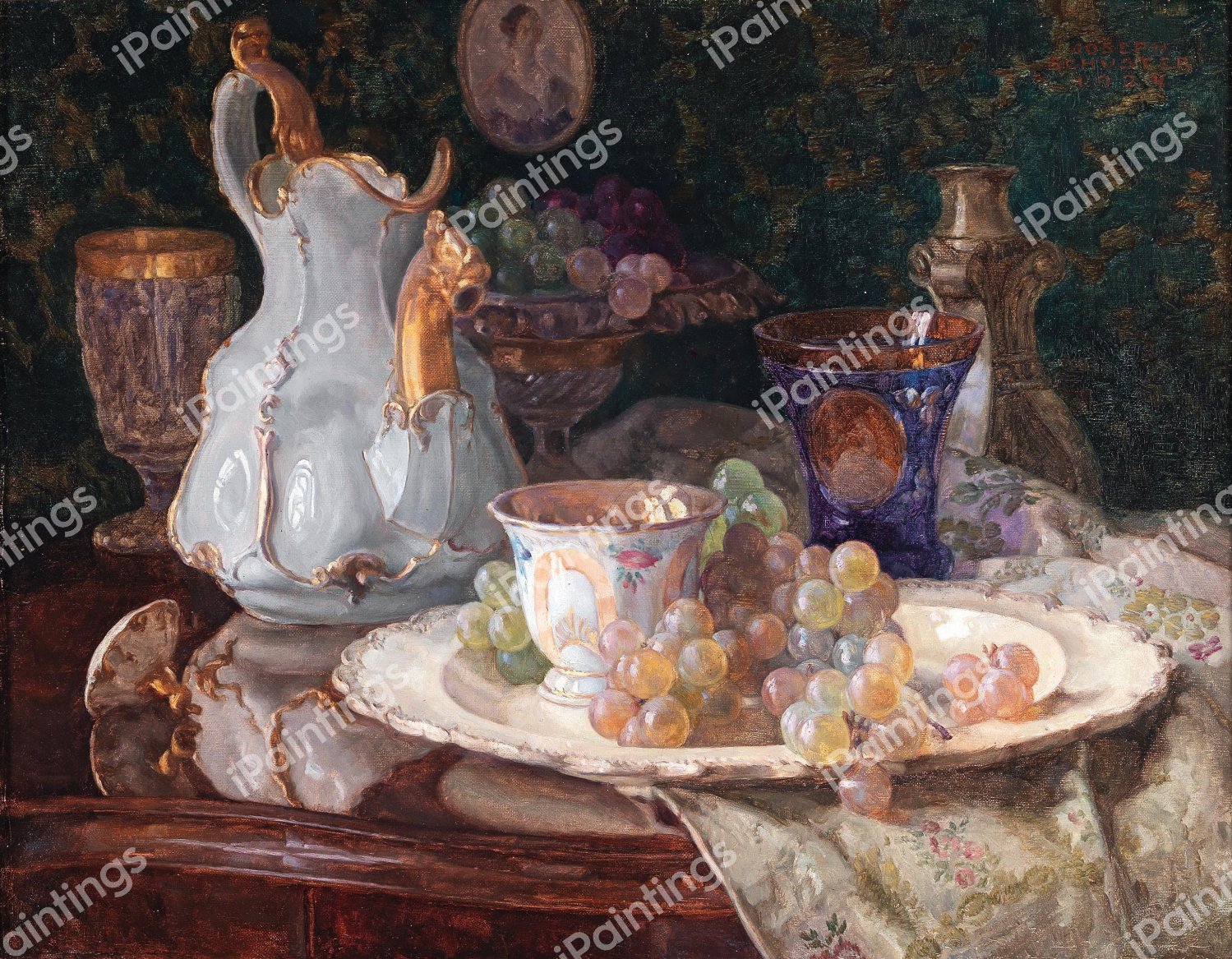 A Beautiful Still Life with Ornaments. The painting by Josef Schuster